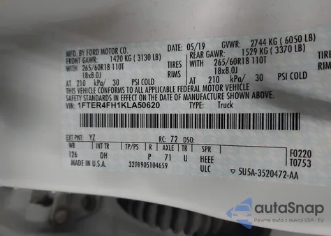 2019 Ford Ranger Lariat из США, поврежденный, VIN 1FTER4FH1KLA50620